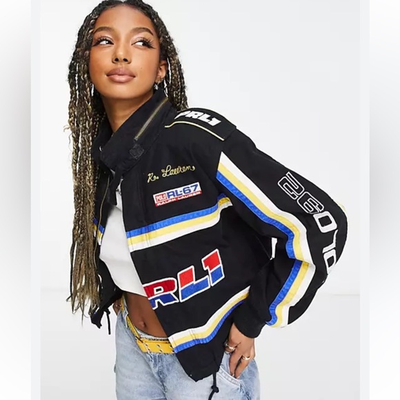 🔥NWT POLO RALPH LAUREN Women’s Multi-Patch Racer Black Bomber Jacket Sz M - Picture 3 of 16